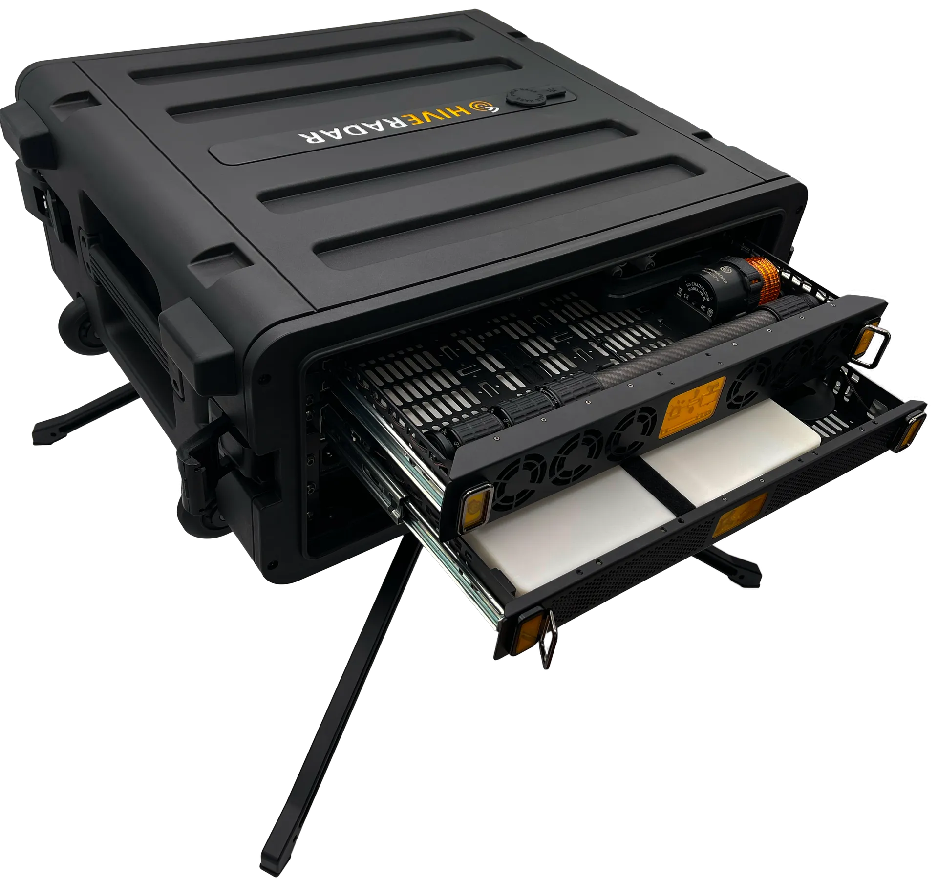 HiveRadar EDC storage drawers showing 5G gateway and Starlink Mini compartments